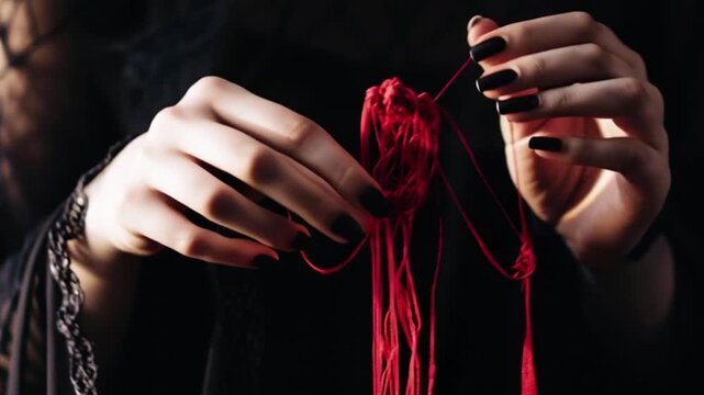 Close up black magic ritual using red thread held by hands in dark setting creating intense occult atmosphere symbolizing spell casting mysticism energy and forbidden ritual visuals