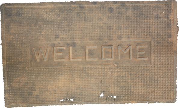 worn rubber doormat isolated white background, bumpy texture embossed word welcome, dirty and well-used with frayed or torn edge, residential home entry, weathered household items