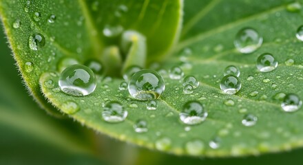 Water droplets on green leaf.
