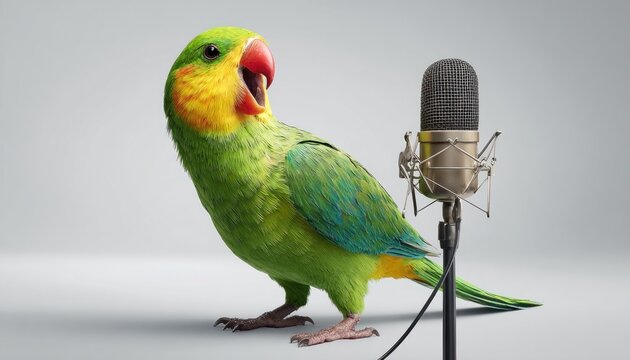 Green parrot performing into vintage microphone, gray background highlighting musical expression and whimsical communication through avian vocal artistry
