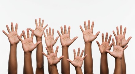 Group of Diverse People’s Hands Raised Up in Unity Gesture Isolated on White Background"