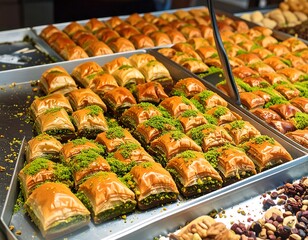 Rows of baklava on trays