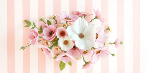 Obraz premium Delicate pastel floral bouquet illustration on soft striped background, drawing, butterflies