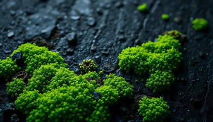 Emerald green moss flourishing on a deep black surface,  texture,  deep black