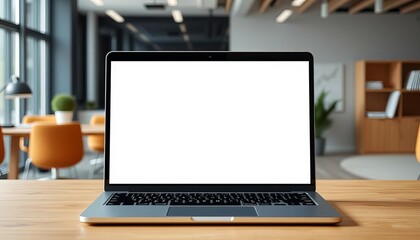 Fototapeta premium Laptop with blank screen on desk in modern office, collaboration, technology