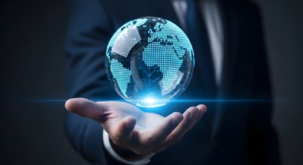 Businessman holding a glowing digital globe in his hand. Concept of globalization, network, and international business. A person showing a holographic earth projection.