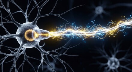 A detailed neuron model shows a central cell body with branching extensions A glowing electrical impulse depicted in yellow and blue travels along a thick projection