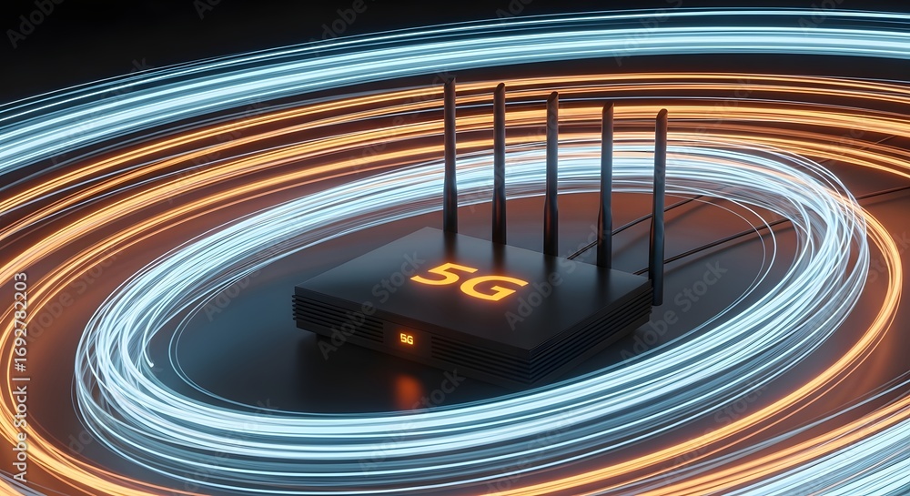 Poster high-speed 5g internet router with glowing light trails. concept of next-generation wireless technol