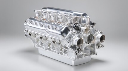 Precision engineered motor revealing polished metal surfaces, intricate pistons, and gleaming mechanical components under focused illumination