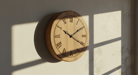 Wooden clock on the wall with sunlight.