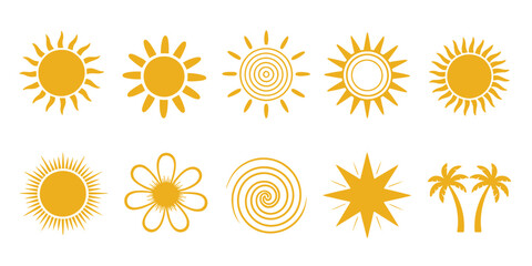 Flat vector collection of tropical summer icons — suns, palm trees, and leaves for exotic holiday and vacation-themed web graphics