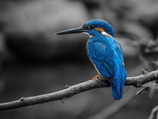 Selective color shot of kingfisher perched vibrant blue feather highlighted against monochrome riverbank background