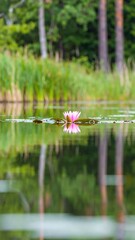 Pink water lily reflected in still pond, lush green forest background