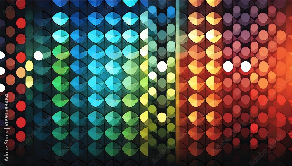 Poster colorful abstract light grid with glowing circular pattern in rainbow hues creating vibrant futurist