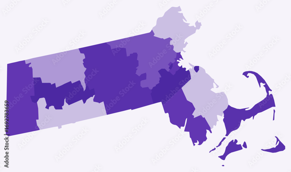 Poster map of massachusetts with counties. just a simple state border map with county division. deep purple