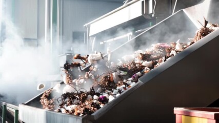 Large industrial machine processing organic waste on conveyor belt inside recycling plant with rising steam showing sustainable waste management eco technology and circular economy - Powered by Adobe