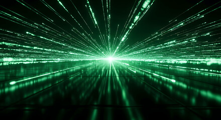 Green light streaks radiate from a central point, creating a sense of speed and movement in a futuristic, abstract design.