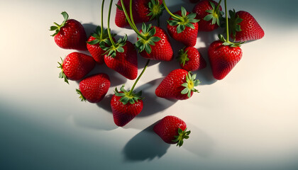 Fresh red strawberries overhead view - flat lay, studio photography. White tone