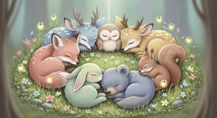 A fawn fox owl squirrel rabbit and bear sleep in a circular arrangement on green grass with small colorful flowers and luminous insects in a forest clearing