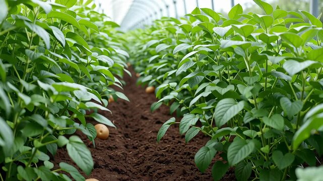 Potato Plant Green Leaf Soil Agriculture Farm Vegetable Organic Healthy Crop Growing Rich Brown Earth with Fresh Potato Plant Green Leaves Ripe