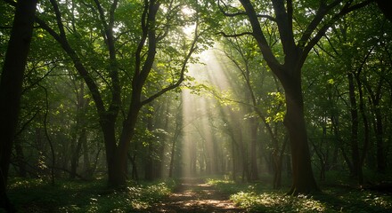 Naklejka premium Sunlight path through forest