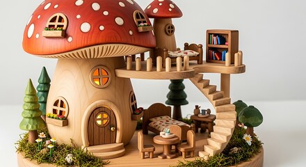 Wooden Mushroom House Miniature.