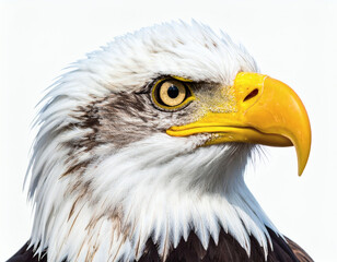 Obraz premium Intense close-up of a majestic bald eagle, highlighting its iconic white head, sharp yellow beak, and powerful eye against a clean white background, embodying strength and freedom