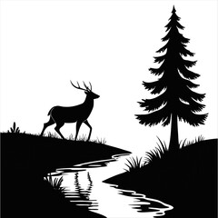 Silhouette of a deer standing near a forest stream at dawn, its reflection shimmering in the water.