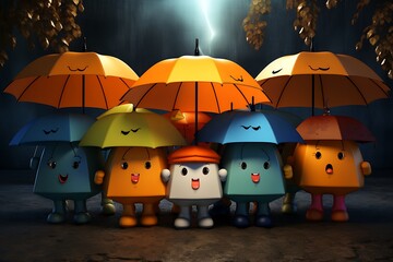 Colorful cartoon characters with umbrellas standing together under a stormy sky with lightning