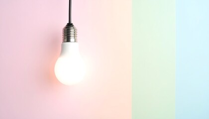 White light bulb hangs against pastel colored background