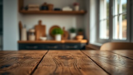 Rustic wooden table with natural grain texture, reflecting morning light from a kitchen window.