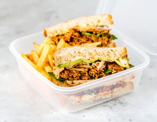 Two pork-filled sandwiches in a clear lunchbox with fries