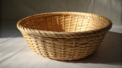 Fototapeta premium Round woven basket with natural texture and warm lighting