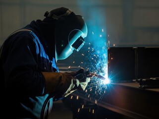 Man welding metal beam under sparks in dim environment with striking contrast and protective clothing