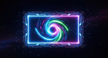 A futuristic geometric frame glows with neon outlines encompassing a swirling cosmic vortex of vibrant blue green and pink light set against a starry void