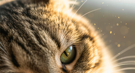 Close-up of a domestic tabby cat's eye, showcasing its green iris and detailed fur patterns. The image highlights potential allergens in pet fur.