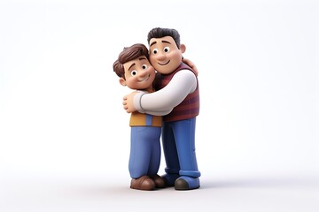 Cartoon characters of a father and son embracing, set against a simple white background, conveying warmth
