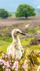 Close-up of a fluffy baby bird amidst wildflowers