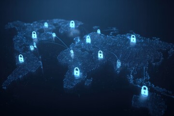 Global network security.  World map with digital lock icons