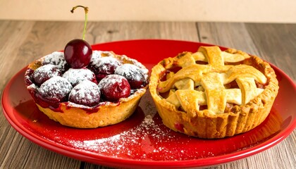 Two small pies, cherry and apple, on a red plate, dusted with powdered sugar