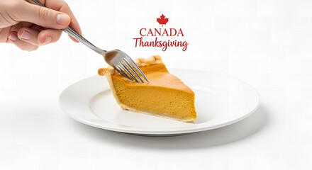 Thanksgiving: A perfectly composed studio shot of a single slice of pumpkin pie on a pure white plate. A hand holding a fork is positioned to take a bite. 