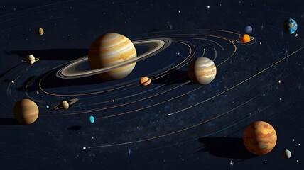 Clean vector illustration of the solar system with labeled planets, orbit lines, realistic planet textures, dark navy space background sprinkled with subtle stars ,Generative Ai

