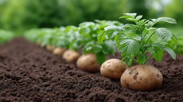 Young potato plant with green leaves growing brown soil, healthy agriculture and natural farming outdoor spring garden rows, organic vegetable crop