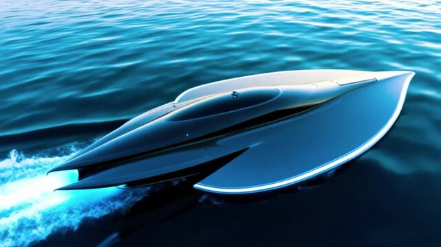 A modern boat with a unique, futuristic design. It's floating on calm water, creating a small wake behind it.