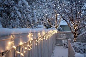 A serene winter wonderland scene with a snow-covered fence adorned with warm glowing string lights, illuminating the frosty trees.