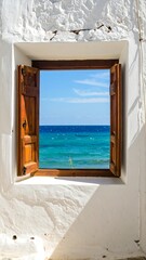 Open wooden shutters reveal a turquoise ocean view through a whitewashed wall
