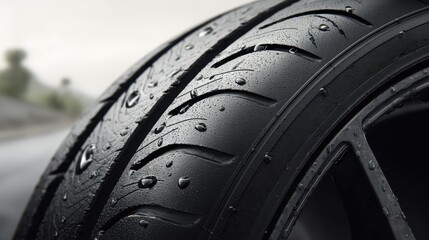Smart tire tread featuring embedded wear sensors in clear detail medium shot framing the textured rubber sharply while the backdrop fades into blur.