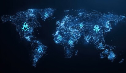 Global interconnected map, glowing symbols of pandemic