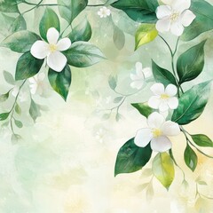 Abstract watercolor green leaves and white flowers on pastel background. 