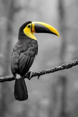 Obraz premium Selective color wildlife shot of toucan perched on branch vivid yellow beak glowing against desaturated rainforest background